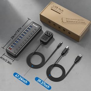 Powered USB Hub, Wenter 11-Port USB Splitter Hub (10 Faster Data Transfer Ports+ 1 Smart Charging Port) with Individual LED On/Off Switches, USB Hub 3.0 Powered with Power Adapter for Mac, PC