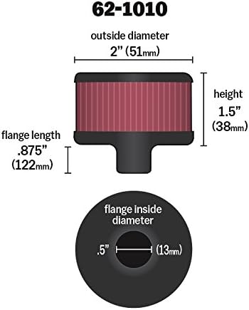 K&N Vent Air Filter/ Breather: High Performance, Premium, Washable, Replacement Engine Filter: Flange Diameter: 0.5 In, Filter Height: 1.5 In, Flange Length: 0.875 In, Shape: Breather, 62-1010