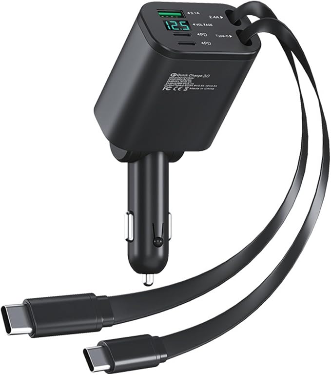 【Upgraded】 Retractable Car Charger 5 in 1 Fast Car Phone Charger | 2 Retractable Cords (Type-C & iOS) with Additional 3 Ports | Charge 5 Devices | Compatible with iPhone & Android Models