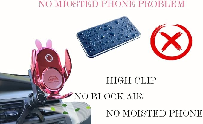 Car Phone Holder Mount Wireless Charging Auto Clamping Rotatable Vent Clip Cute Pink Rabbit Woman for iPhone Samsung Andriod Phone