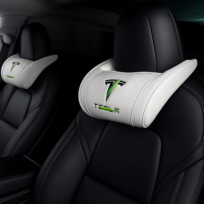 Car Headrest Neck Pillow Support Ergonomic, with Valve Stem Covers Accessory for Driving Seat Fatigue Relief Compatible with Model S X 3 Y & Cybertruck - 1 Piece