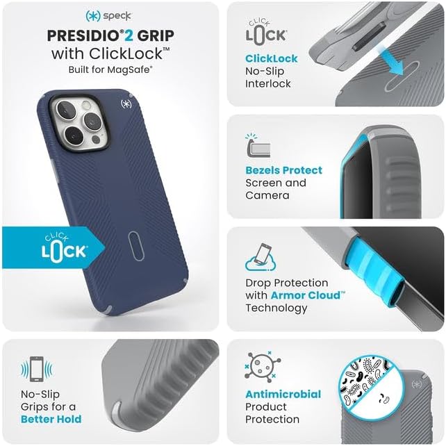 Speck Presidio 2 Grip iPhone 16 Pro Max Case - MagSafe and ClickLock - Slim Coastal Blue/Dust Grey