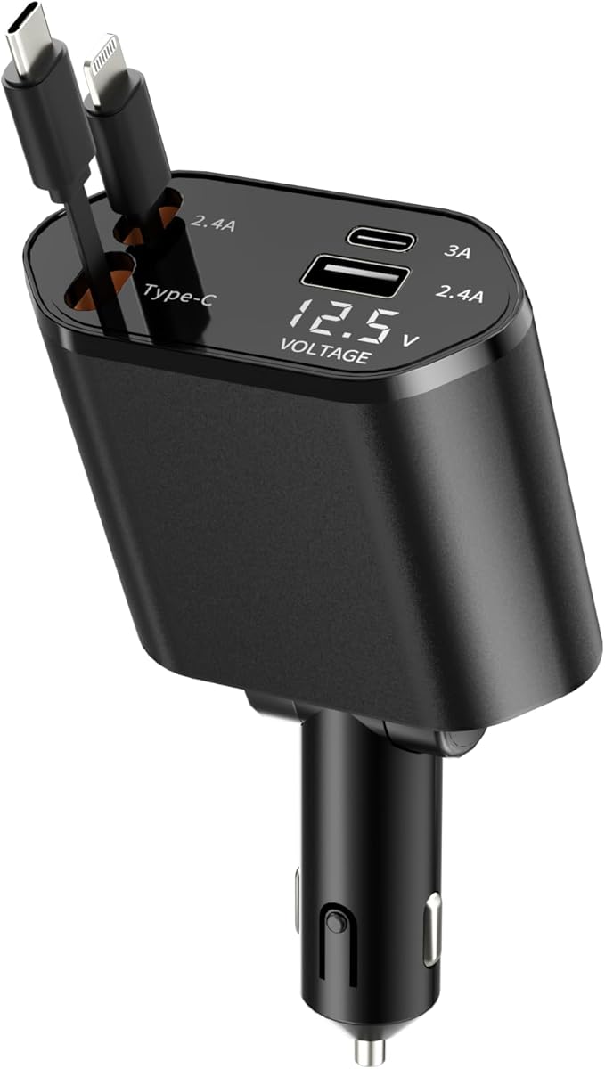 BERTHALESS Retractable Car Charger, 4 in 1 Fast Charging with USB-C & USB-A, Compatible with iPhone 17/16/15/14/13/12/11,Galaxy,Pixel,Samsung, Anniversary Birthday Gifts for Men Women,Black