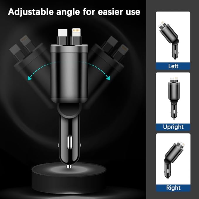 90W Multi-Port Car Charger with Voltage Detection, Super USB-A +2C Fast Charging with Cable L2.4A +PD30W Retractable Cable for iPhone15/16, Compatible with iPhone/Samsung/Android/iPad and More