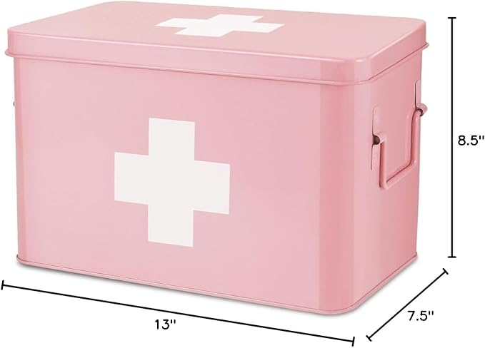 Flexzion First Aid Box Organizer Empty 13" Pink Vintage First Aid Kit Tin Metal Medical Box - First Aid Storage Box Container Bins with Dividers, Removable Tray and White Cross Logo