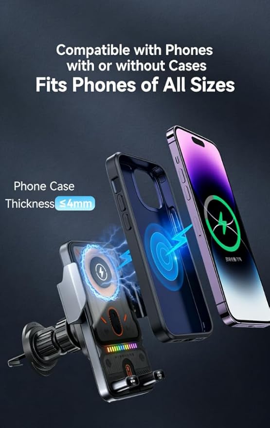 15W Car Air Vent Wireless Charging Phone Mount - Auto-Clamp Qi Fast Charger for iPhone Android, 90° Rotatable Phone Holder for Universal Car Vent Mounting