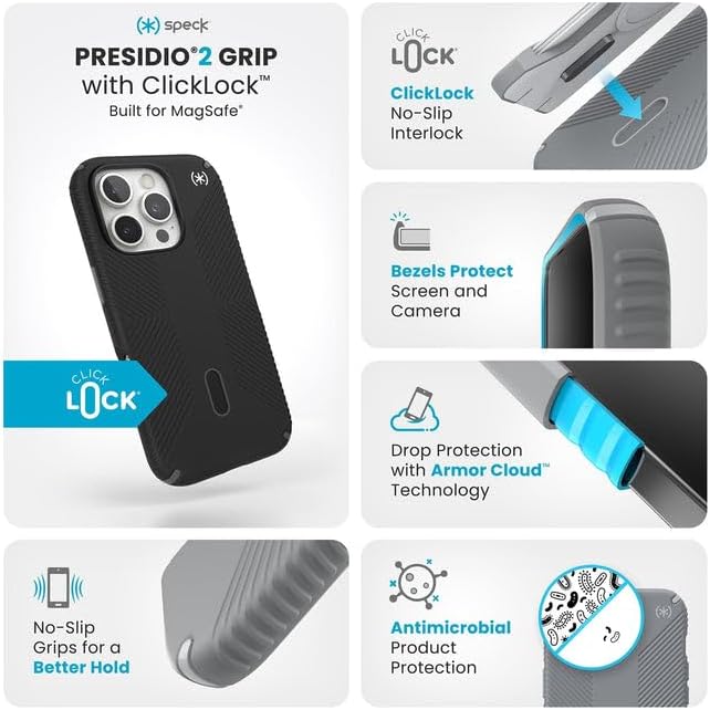 Speck Black iPhone 16 Pro Case MagSafe and ClickLock - Slim Phone Case iPhone 16 Pro - iPhone 16 Pro Phone Case - Presidio 2 Grip - Black/Slate
