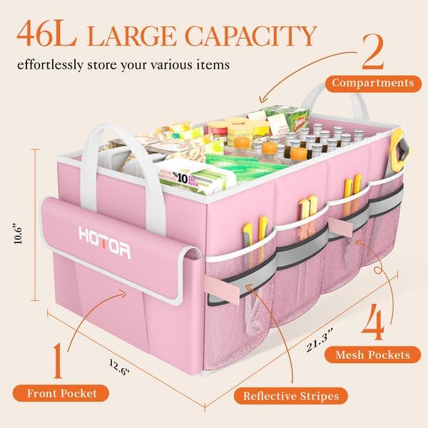HOTOR Trunk Organizer - Car Organizer with 5 Pockets, Trunk organizer for SUV, Sedan & Van, Car Organization with Sturdy Base Panel for Car Accessories, Pink, 2 Compartments, 21.3"×12.6"×10.6"