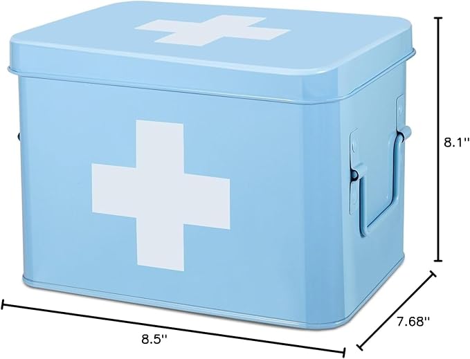 Flexzion First Aid Organizer, 8.5 Inch Blue Vintage Metal Kit Tin With Dividers, Removable Tray and Cross Logo - Empty Medical Storage Container