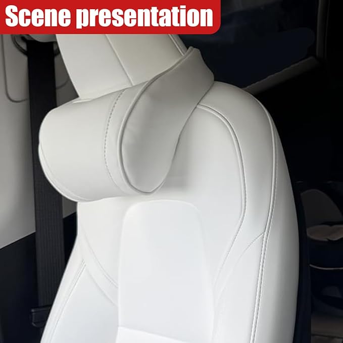 Car Neck Pillow, Memory Foam Ergonomic Auto Headrest Cushion Pillow, Relieve Driving Fatigue Car Neck Support Pillows, Comfortable Leather Vehicle Seat Pillows with Adjustable Strap (White)