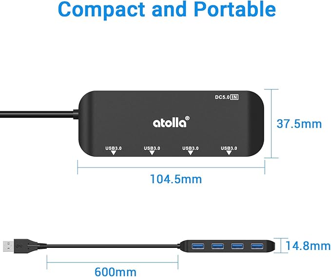 USB Hub, 4-Port USB 3.0 Hub with 2ft Cable, Ultra-Slim Data Expander - Compatible with Windows, Mac, Linux Laptops & PCs