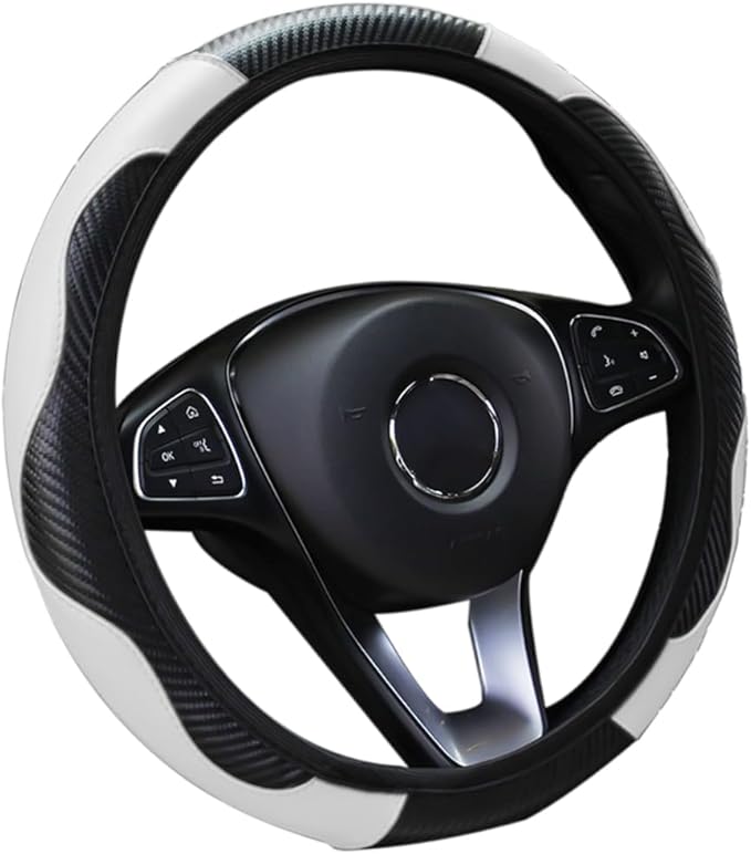Car Steering Wheel Cover, Microfiber PU Leather Elastic Carbon Fiber Auto Steering Wheel Protector, 15 Inch Breathable Anti-Slip for Women Men, Car Interior Accessories for Most Cars (Black/White)