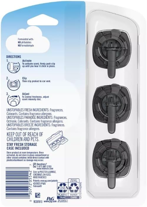 Febreze Car Air Freshener Vent Clips, Car Freshener, Unstopables Scents Variety Pack, .07 oz. Car Vent Clip, 3-Count, Car Air Fresheners