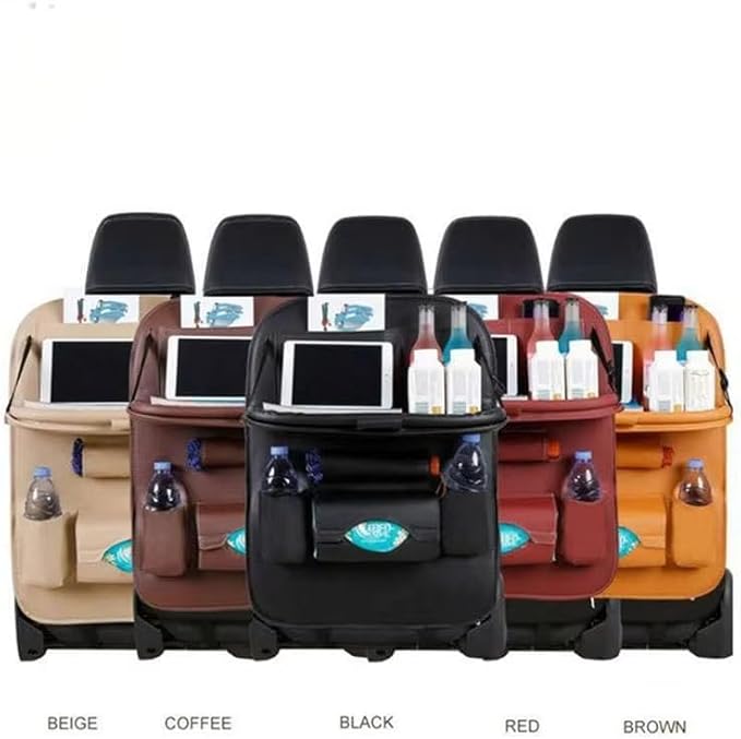 Luxury PU Leather Car Backseat Organizer with Foldable Table β Multi-Functional Car Seat Storage. Waterproof Travel Back Seat Organizer with Cup Holders, Tissue Box & Tablet Pocket (Beige)