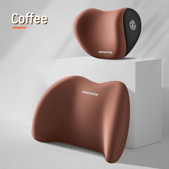 Car Headrest & Lumbar Support Cushion Kit, Ergonomic Car Seat Neck Pillow and Backseat Cushion for Driving Fatigue Relief, Driving Seat Memory Foam Neck Back Rest Pillows (Coffee)