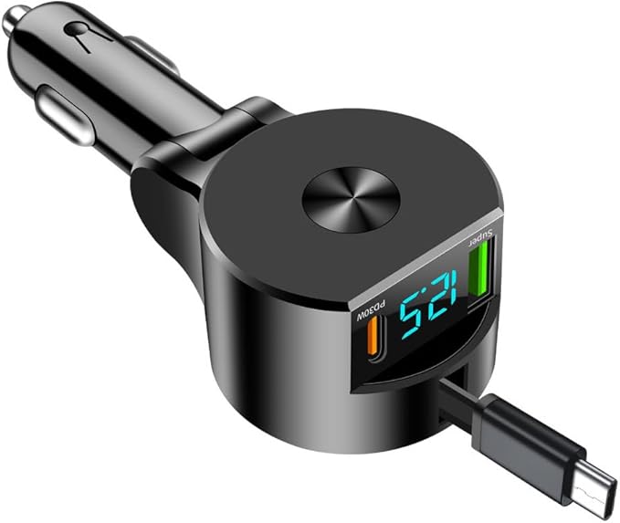 75W 3-in-1 Car Charger Adapter with Voltage Detection, Super Fast Charging with Cable PD30W Retractable Cable for iPhone/Samsung/Android/iPad Pro and More