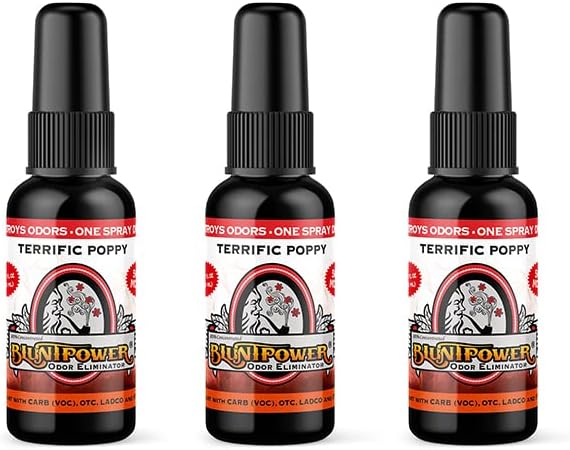 BluntPower (Terrific Poppy, 3 Pack) Concentrated Odor Eliminator and Diffuser Oil - Room Deodorizer, Smoke Eliminator Spray - Premium Oil Based Air Freshener