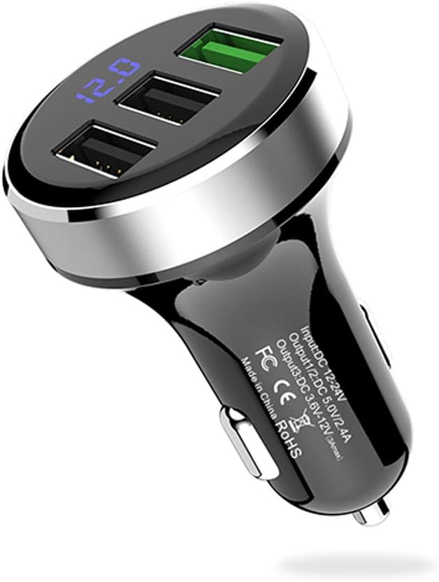 LIHAN 3 USB Car Charger,12V/24V Voltage Meter, QC3.0 Output 4.8A, Cigarette Lighter Plug Adapter Compatible with iPhone,iPad, Samsung, USB Charging Devices, Silver