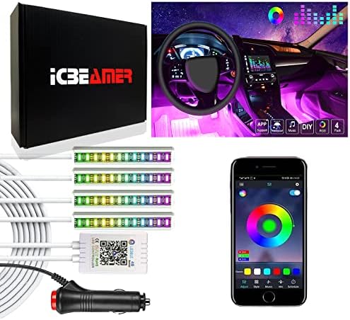 ICBEAMER RGB Interior Car Lights - Interior LED Strip Smart Phone Control APP Color Floor Matt Light w/Sound Active Function Atmosphere Under Dash/Seat Car Charger DC 12V Lighting Kit