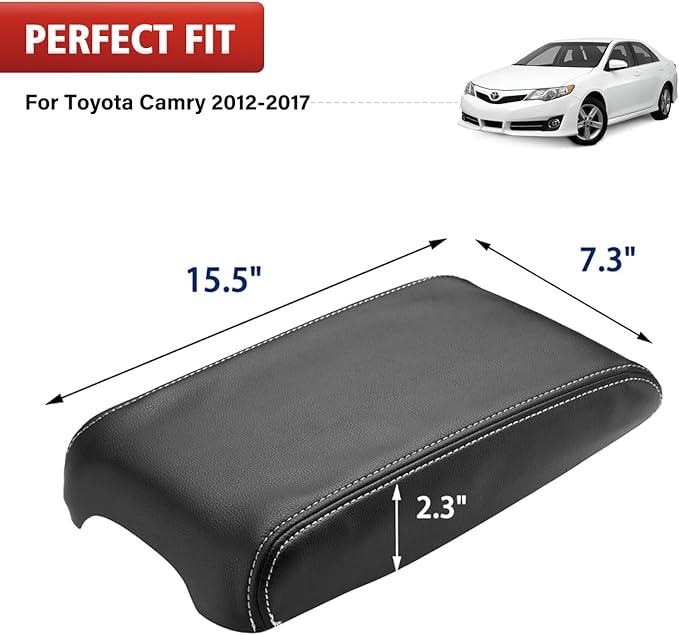 KBH Center Console Armrest Cover Upholstery for Toyota Camry 2012-2017, Vinyl Leather, Middle Console Replacment Covering, Black-Gray Stitch (Leather Part Only)
