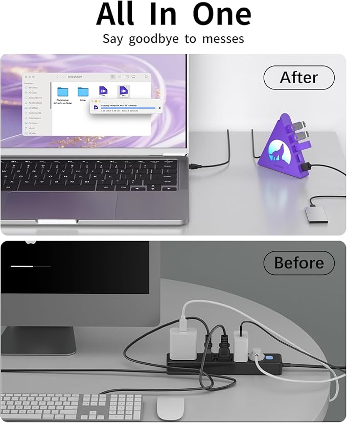 Deep Purple 7-Port USB 3.0 Hub, RGB Vertical Gaming USB Hub Tower with 5Gbps Data Transfer, 2FT Cable - USB Hub Splitter for PC, MacBook, Laptop, PS5, Flash Drives
