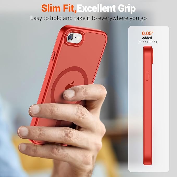 SUPFINE Magnetic for iPhone SE Case 2022 (3rd)/2020 (2nd), iPhone 8 Case (Compatible with MagSafe) (Military Grade Drop Protection) Slim Translucent Matte Phone Case,Red