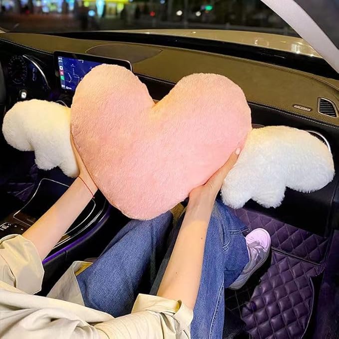 2 Pack Heart Shaped Cute Car Headrest Pillow with Angel Wings - Comfortable Soft Head Rest Cushion Kawaii Car Accessories Neck Pillow for Driving Travelling Office Home Decor - Pink Love Heart