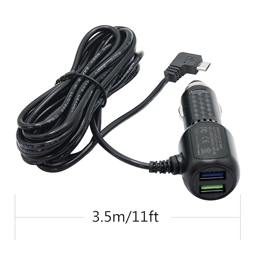 Dash Cam Micro USB Power Cable, Left Angle 90 Degree Micro USB with Dual USB Port Fast Power Supply, for 12V-24V Car and Truck Dash Cam, GPS Navigator, MP3 Player and Other USB Devices