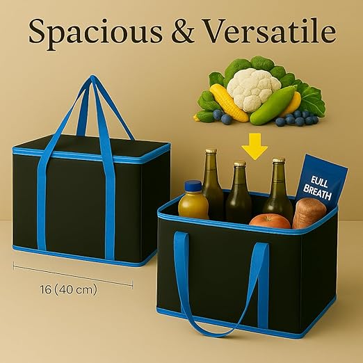 musbus XL-Large Insulated Grocery Shopping Bags, Black, Reusable Bag,Thermal Zipper,Collapsible,Tote,Cooler,BLACK BLUE