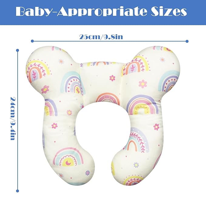 Baby Head Support Pillow for Newborn Toddler, Baby Neck Pillow Upgraded Comfortable Sleep Cushion for Car Plane Stroller Pushchair - Rainbow B