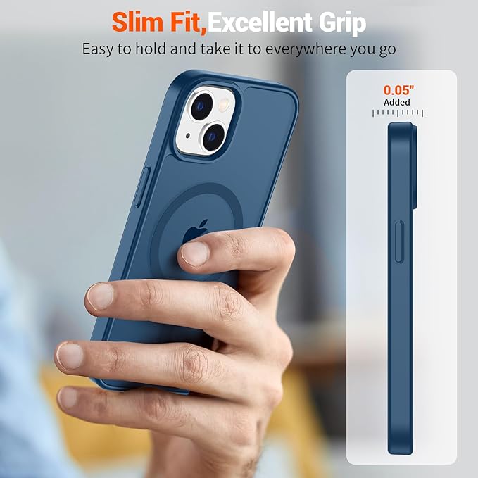 SUPFINE Magnetic for iPhone 14 Case & iPhone 13 Case with Screen Protector (Compatible with MagSafe) (Military Grade Drop Protection) Translucent Matte Shockproof Phone Cover,Deep Blue