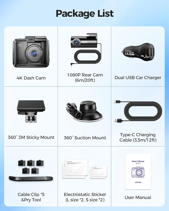 AZDOME 4K HDR Dash Cam with No-Light Full-Color Night Vision, 128GB eMMC, ADAS, 4K+1080P Dashcam Front and Rear, 5GHz WiFi GPS 24H Parking Mode Car Camera, GS63Pro