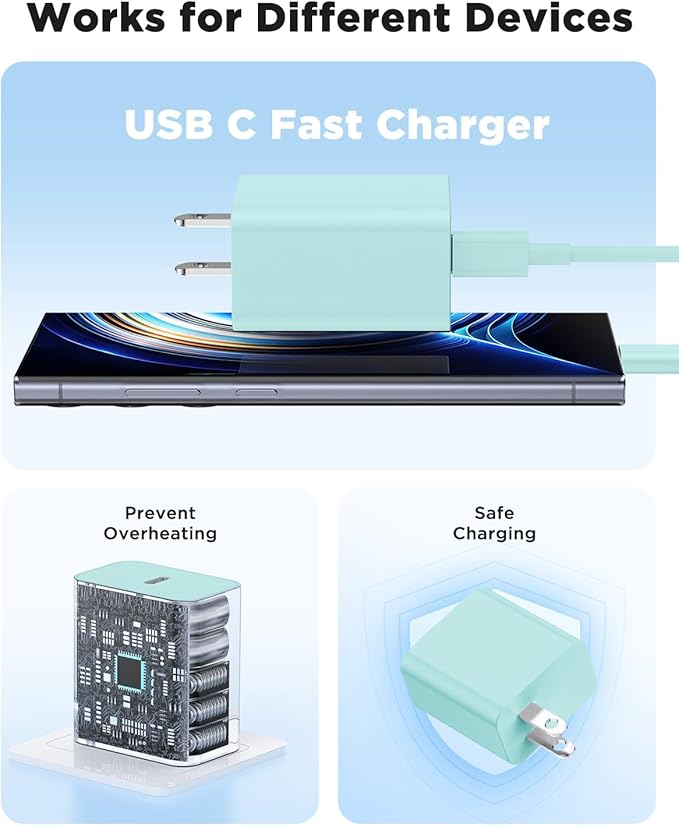 3Pack 45W Super Fast Charger Type C 10FT, USB C Android Phone Charger Fast Charging Block with Ertra Long Type-C Charger Cord for Samsung Galaxy S25/S25 Ultra/S25+/S24 Ultra/S24/S24+/S23/S22/S21-Green
