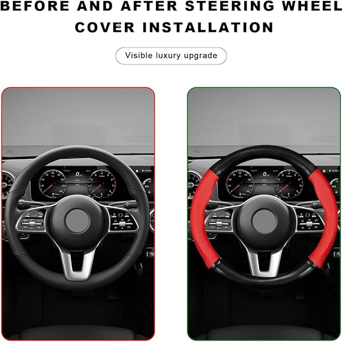 Car Breathable Steering Wheel Cover, Carbon Fiber Wear-Resistant Steering Wheel Protector for Comfy Grip, Universal Non-Slip Leather Wheel Sleeve for Most Car SUV Truck (Red)