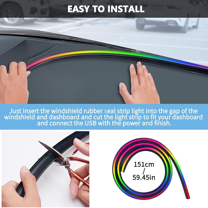 Car Interior Ambient Light Lighting Bar, Windshield Rubber Seal Gap Filler RGB LED Lights Strip Dashboard, Automotive Neon Accent Lights Accessories, Remote App Music Sync, 4.92ft/1.5m