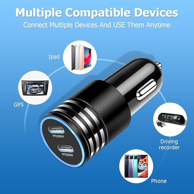 2Pack 60W USB Car Charger, 2 Ports Fast Charging Cigarette Lighter Adapter, Type C Mini Car Charger Adapter, Rapid Plug Power Delivery Compatible with iPhone Android Tablet or Other USB Device
