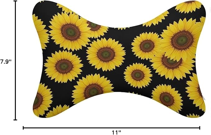 2 Pack Car Neck Pillow Compatible with Floral Black Yellow Flowers Sunflower, Softness Car Headrest Pillow for Driving with Adjustable Strap, Memory Foam and Breathable Removable Cover