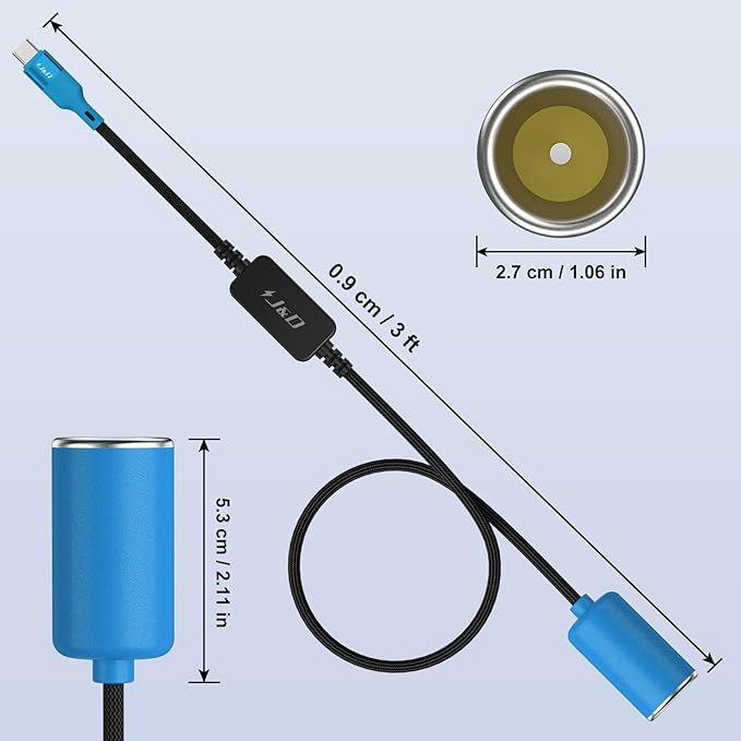 J&D USB C Male to 12V Car Cigarette Lighter Socket Female Converter Cable, 12V 18W Power Cable for Dash Cam, GPS, Car LED Light Strips, Blue, 3 ft