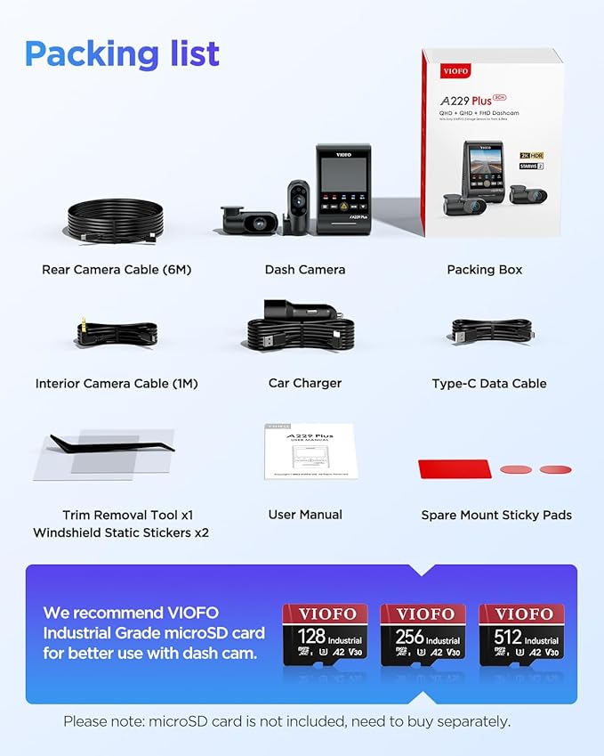 VIOFO A229 Plus 3 Channel Dash Cam, Dual STARVIS 2 Sensors, 3-Channel HDR, 1440P+1440P+1080P Front Inside and Rear Car Camera, 5GHz Wi-Fi, Voice Control, Ultra-Precise GPS, 24 Hours Parking Mode