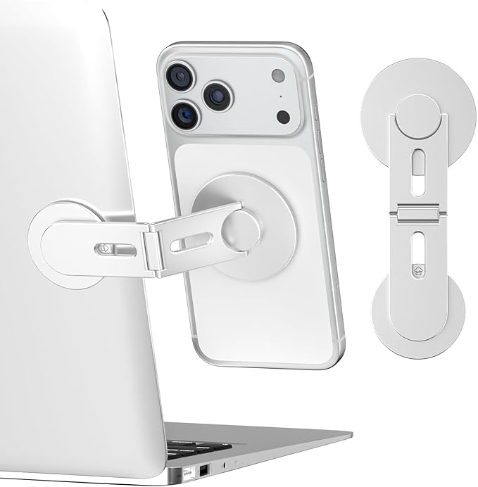 CloudValley Magnetic Phone Laptop Holder Mount, Foldable Hidden Portable Stand for iPhone 17/16/15/14/13 & All Phone, Clamp for Monitor Side, Compatible with Laptop, Desktop, Tesla Model 3/ Y, Silver