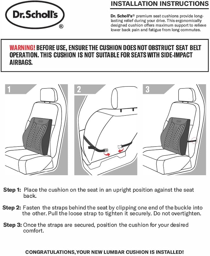 Dr. Scholl's Max Support Charcoal-Infused Lumbar Seat Cushion for Car, Truck, SUV — Black
