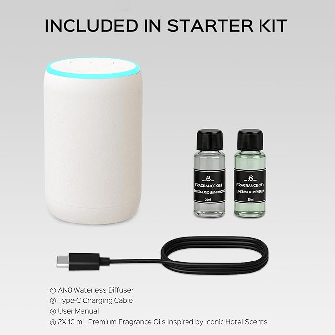 Portable Waterless Essential Oil Diffuser Starter Kit with 7 Lights for Home Car and Office, Compact Scent Diffusers Includes 2 x 20mL Hotel Scent Oils, A Gift Idea for Parents and Friends