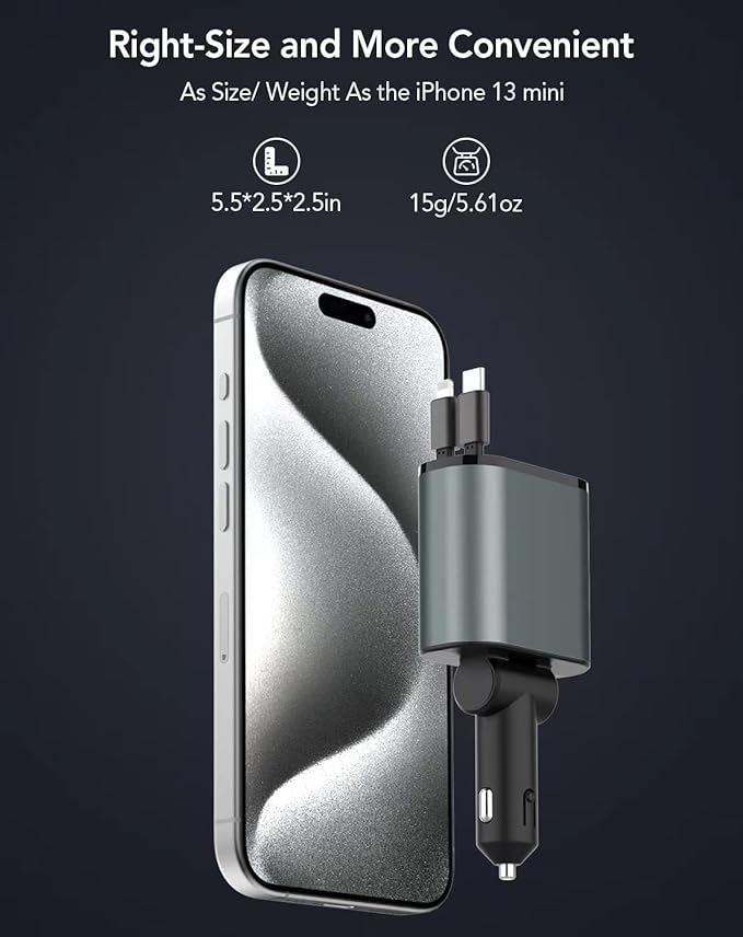 Retractable Car Charger, 4 in 1 Fast Charging 69W, Cigarette Lighter Adapter 2 Retractable iPhone Cables and USB Car Charger,Compatible with iPhone 14/13/12/11,Galaxy,Pixel