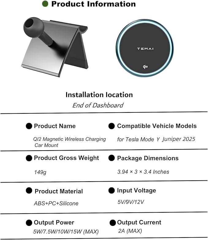 Persevere for Tesla Phone Mount Model Y Juniper 2025, Wireless Charger Strong Magnetic Phone Holder for All 4-6.9'' Smartphones, 360° Dock Base Airvent Adjustable, Anti-Slip Mount