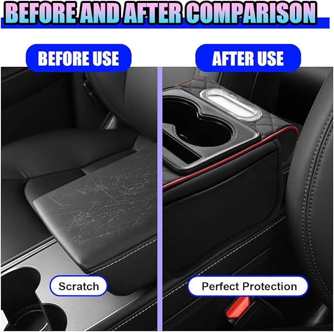 Leather Car Center Console Cover, Universal Automotive Armrest Booster Cushion, Vehicle Middle Console Organizer with 2 Cup Holders, Side Storage Bag, Tissue Box & Phone Slot(BlackRed)