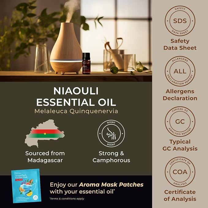 100% Pure Niaouli Essential Oil - 0.34 Fl Oz - Niaouli Oil for Hair, Skin, Diffuser, Aromatherapy & DIY Candle Making Scent