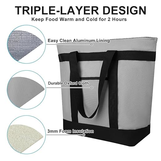 CIVJET Insulated Reusable Tote Bag for Grocery Shopping for Women/Men, Pizza/Food Delivery Bag to Keep Food Cold/Hot for Uber Eats/Doordash/Grubub, Cooler Bags for Travel/Beach/Picnic, Cooler Bag,Grey