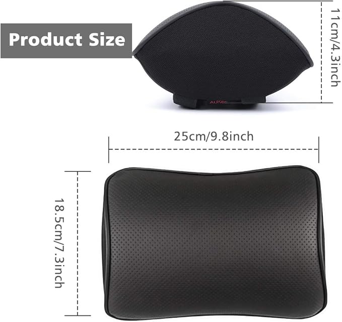 Aukee Car Headrest Pillow with Genuine Leather Cover Memory Foam Neck Cushion with 4 Extension Straps Adjuatable and Comfortable for Driving Home Office Black (Pack of 2)