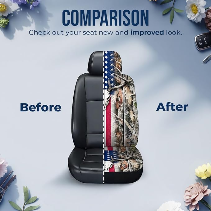 GENANY Hunting Car Seat Covers Set of 2, Deer Skull Breathable Front Seat Covers for Truck Sedan SUV, American Flag Car Accessories, Hunting Gift for Women Men