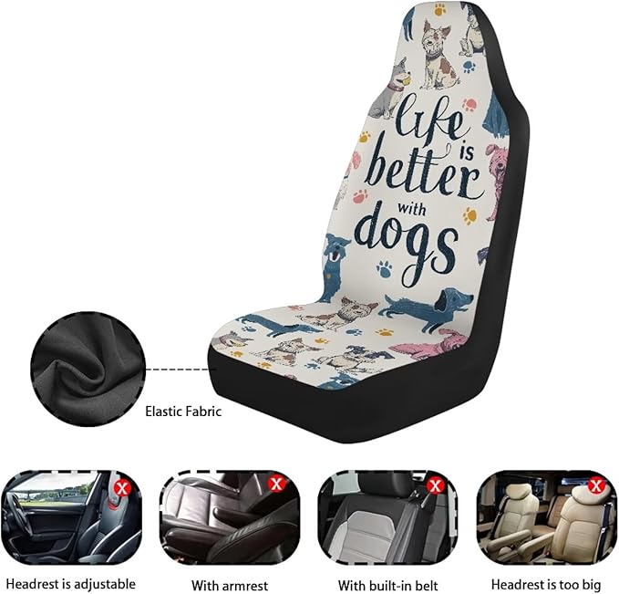 BIGCARJOB Cute Dogs Car Seat Covers Set for Front Only Car Interior Seat Rugs 2 Pcs Car Accessories Auto Front Seat Protector Set for Women